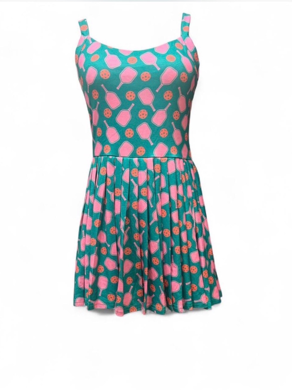 Pickleball print sports dress. Pleated with built in shorts! Teal and pink.
